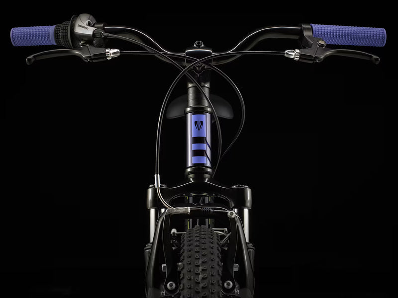 Close-up of a bicycle handlebar with blue grips on a black background