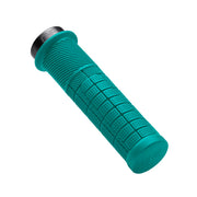 Teal bicycle handlebar grip with textured surface on a white background