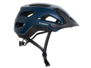 Blue bicycle helmet with 'Trek' branding on a white background