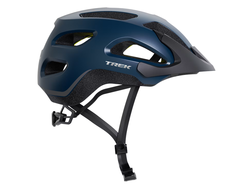 Blue bicycle helmet with 'Trek' branding on a white background