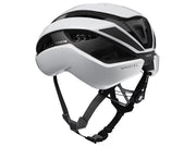 White and black bicycle helmet with 'Trek' branding on a white background