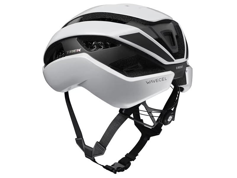 White and black bicycle helmet with 'Trek' branding on a white background