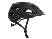 Black bicycle helmet with 'Trek' branding on a white background