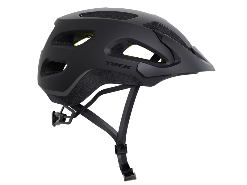 Black bicycle helmet with 'Trek' branding on a white background