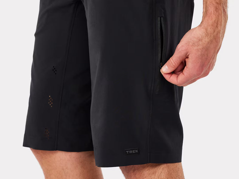 detailed close up of mtb shorts zipper, breathing holes and logo on trek shorts
