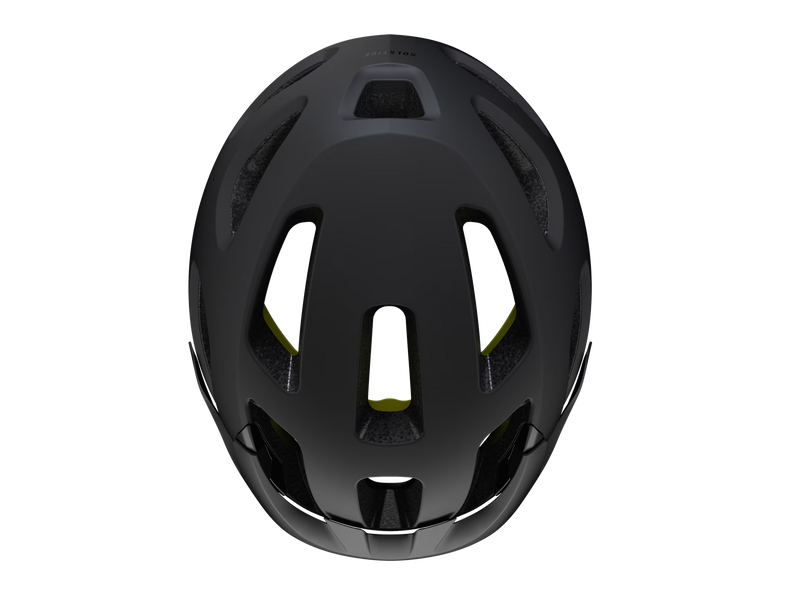 Black helmet with yellow accents on a white background
