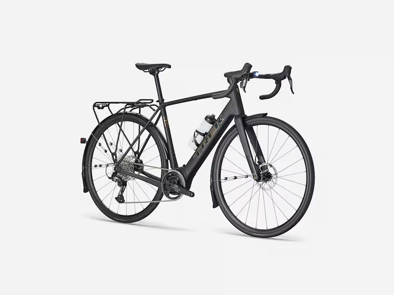 Product image of Trek road ebike Domane+ ALR 5 in black, product view with accessories (rear mounting rack, cage, water bottle)