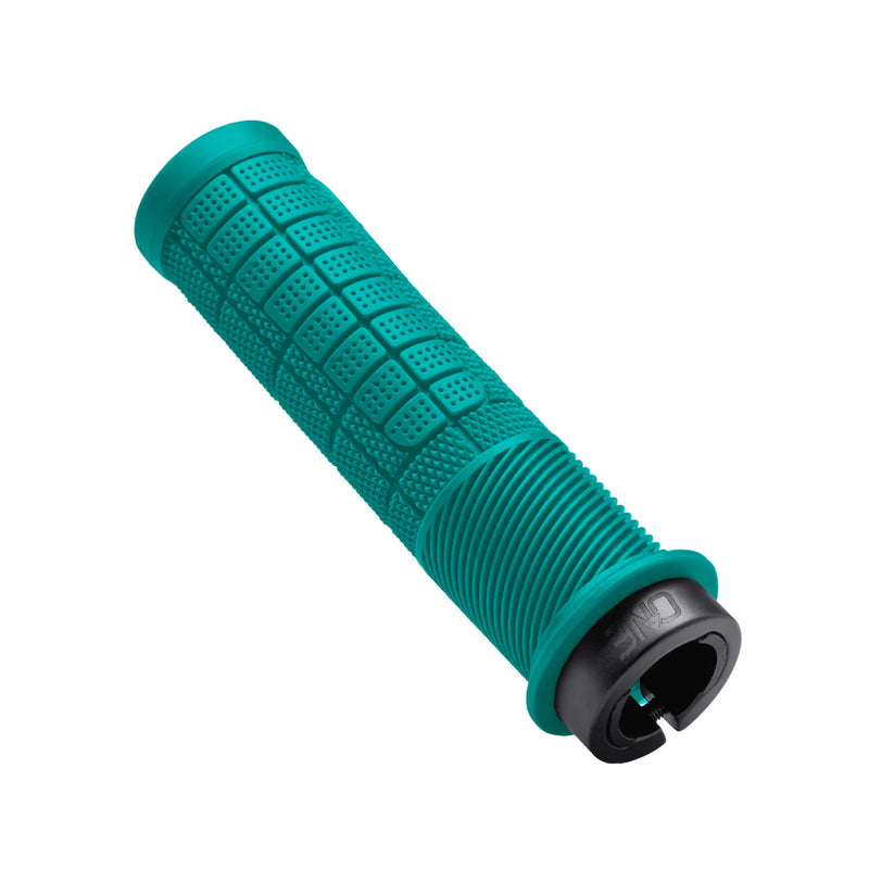 Teal bicycle handlebar grip with black end on a white background