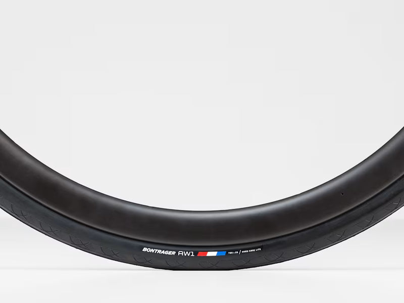 Bicycle wheel with Bontrager RW1 branding on a white background