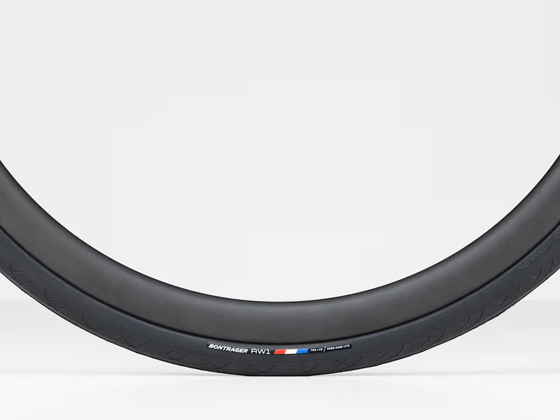 Bicycle wheel with Bontrager logo on a white background