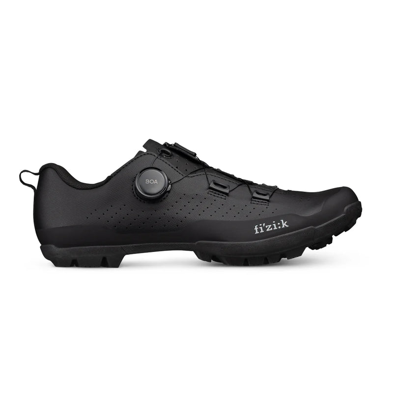 Black cycling shoe with 'fi'zi:k' branding on a white background