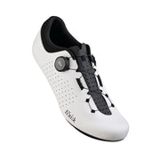White cycling shoe with black accents on a white background