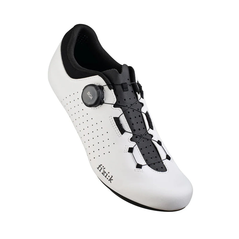 White cycling shoe with black accents on a white background