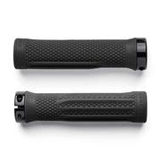 Two black bicycle grips with textured surface on a white background