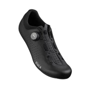 Black cycling shoe with 'Fizik' branding on a white background