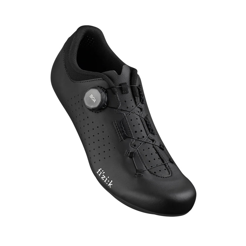 Black cycling shoe with 'Fizik' branding on a white background