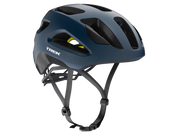 Black bicycle helmet with 'Trek' branding on a white background