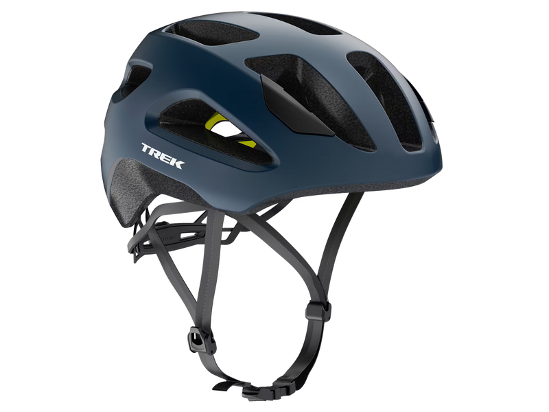 Black bicycle helmet with 'Trek' branding on a white background