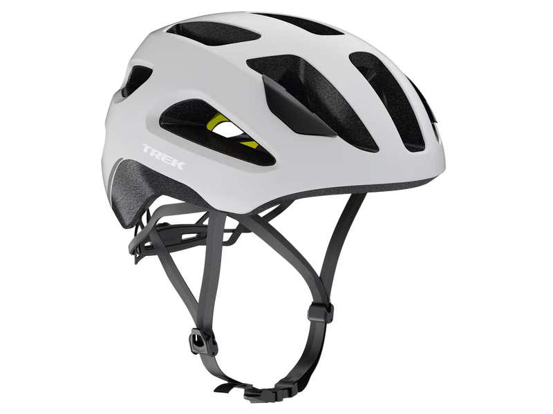 White bicycle helmet with black accents on a transparent background