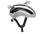 White bicycle helmet with black straps on a white background
