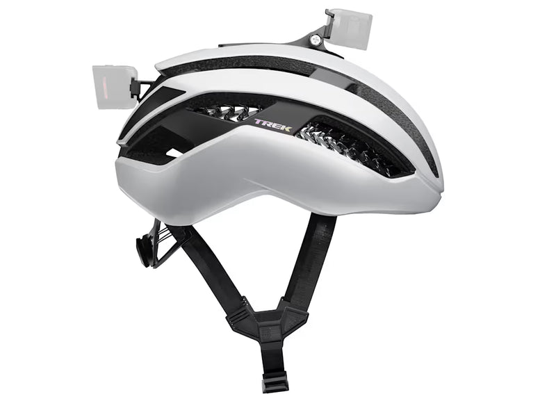 White bicycle helmet with black straps on a white background