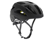 Black bicycle helmet with 'Trek' branding on a white background