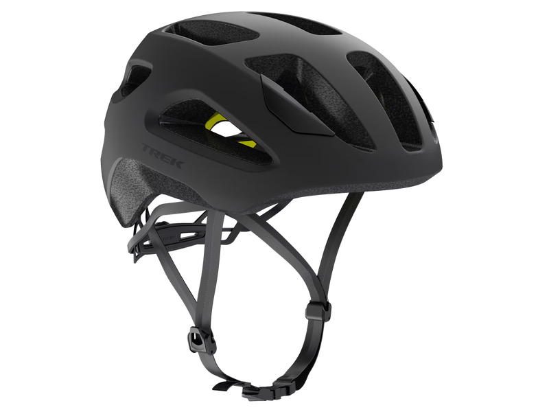 Black bicycle helmet with 'Trek' branding on a white background