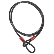 Black cable lock with red connectors on a white background