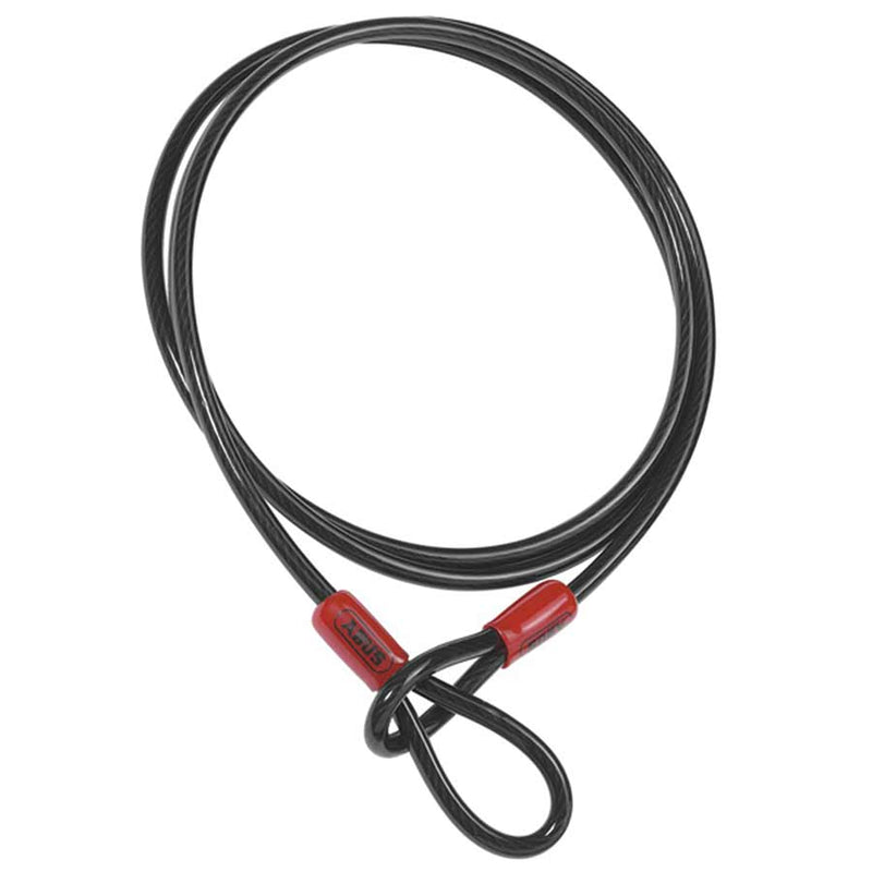 Black cable lock with red connectors on a white background