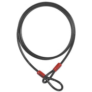 Black cable with red connectors on a white background