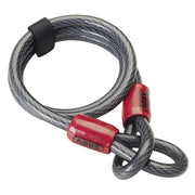 Coiled cable lock with red and black design on a white background