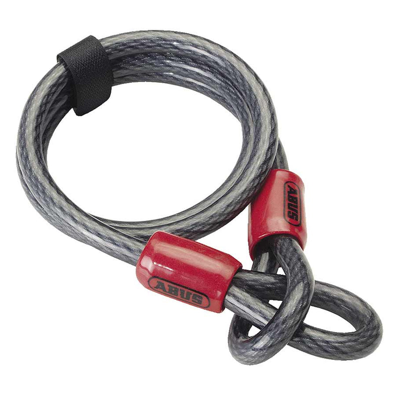 Coiled cable lock with red and black design on a white background