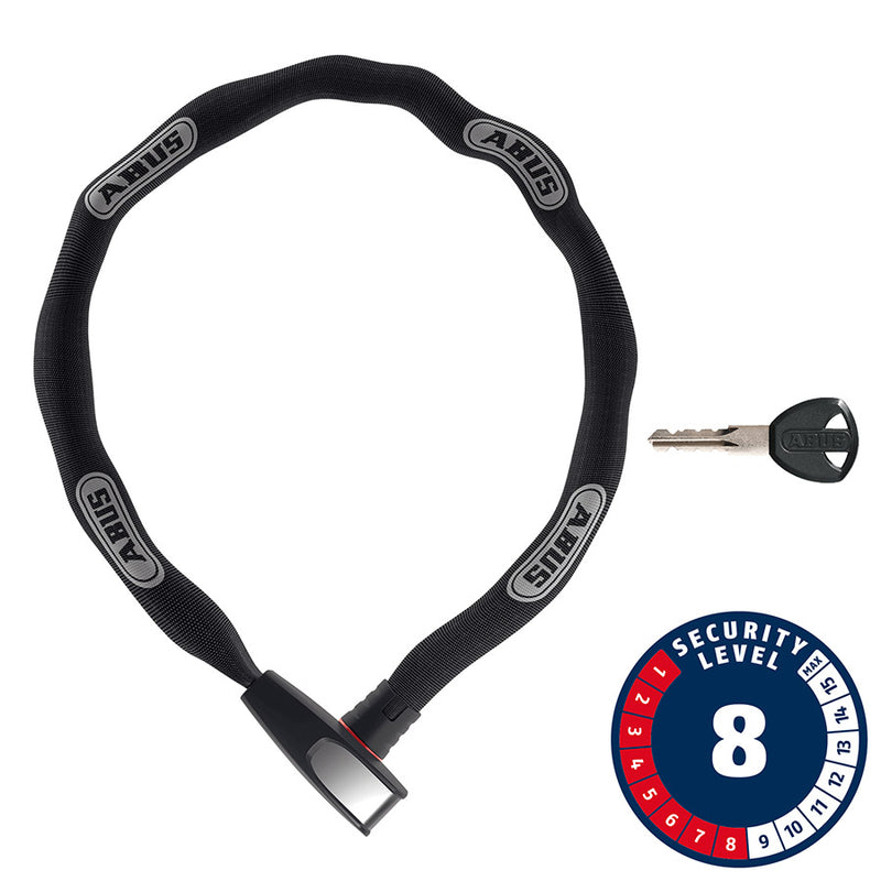Product image of Abus bike lock : 8807K Steel-O-Chain, black bike lock with image of key.  As well as a security level chart.