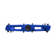 Blue metal component with multiple holes and a central black hub on a white background