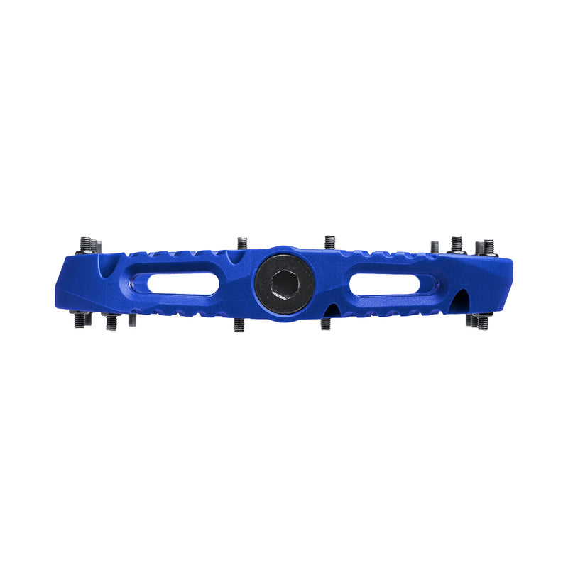 Blue metal component with multiple holes and a central black hub on a white background