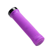 Purple bicycle handlebar grip with black end cap on a white background