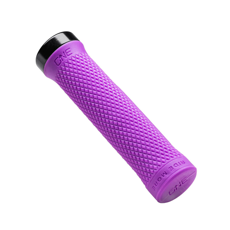 Purple bicycle handlebar grip with black end cap on a white background