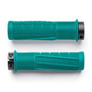 Two teal bicycle handlebar grips on a white background