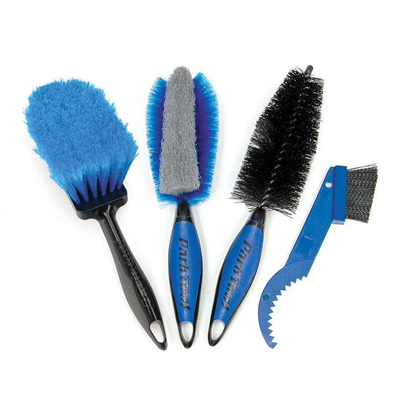 Set of five bicycle cleaning brushes with blue and black bristles on a white background