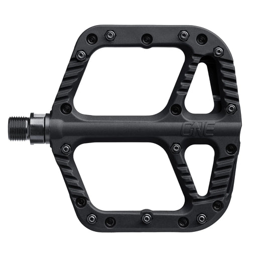 Black bicycle pedal with 'One' branding on a white background