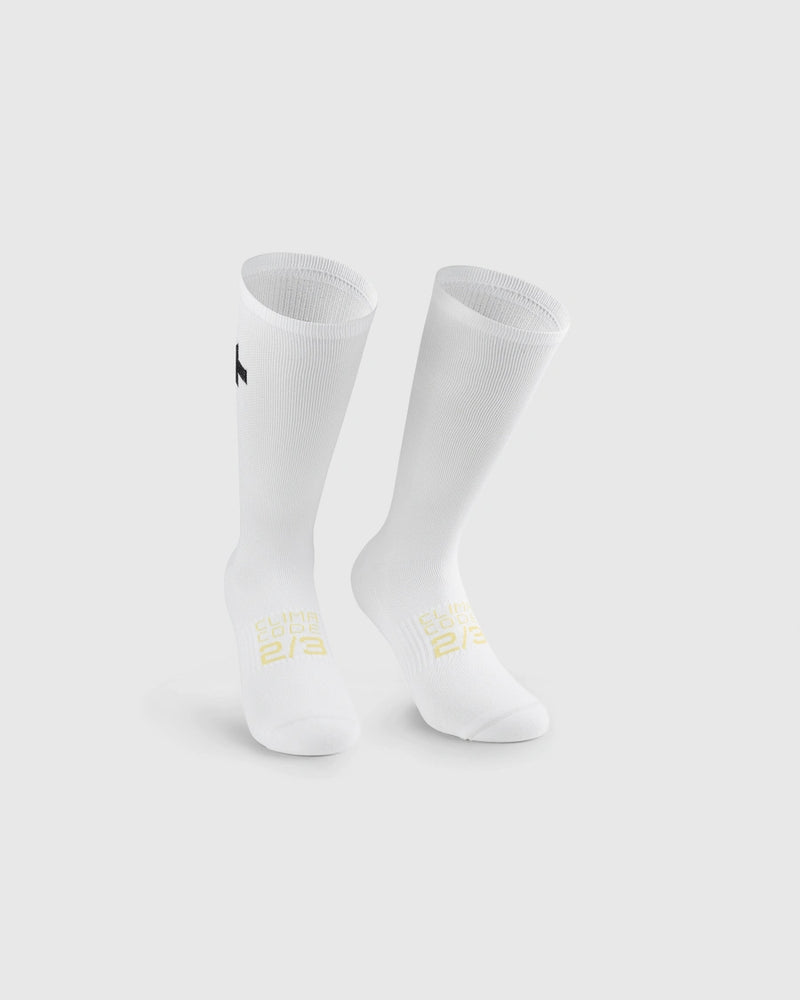 Image of Assos Spring Fall Socks P1, White, with a back Assos logo near the cuff and some writing in light yellow.