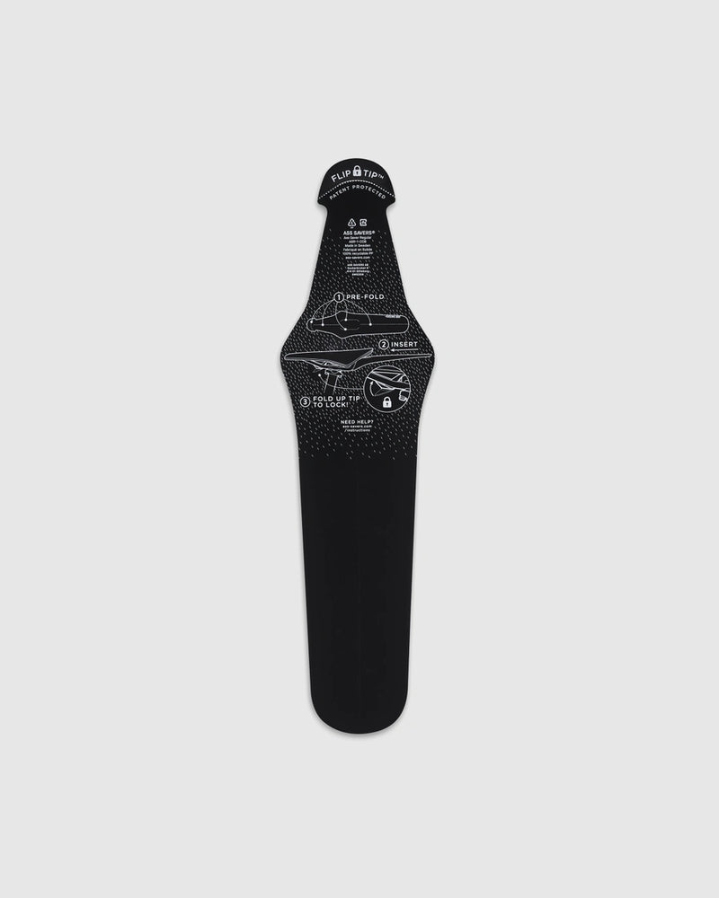 Revese Side of Mud Guard - Black with white text and graphics on a light gray background