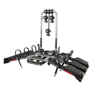 A Buzzrack E‑Hornet H3 three‑bike platform hitch rack with black wheel trays, silver support arms, and locking frame clamps, shown on a white background.