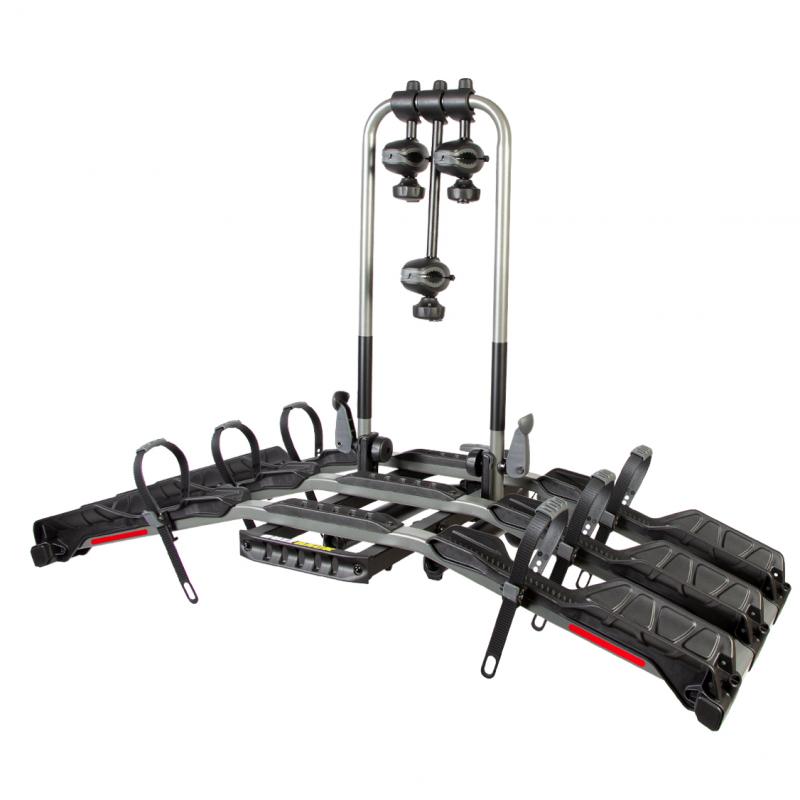 A Buzzrack E‑Hornet H3 three‑bike platform hitch rack with black wheel trays, silver support arms, and locking frame clamps, shown on a white background.