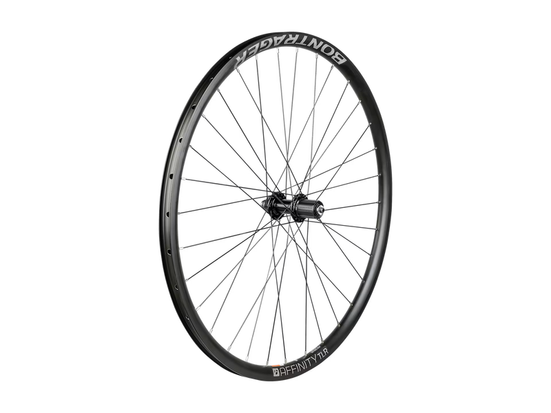 Bicycle wheel with 'Bontrager' branding on a white background