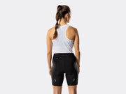 Bontrager Anara women's black cycling shorts rear view on model, showcasing the high-rise waistband, Profila rear panel, reflective leg details, supportive fit, and performance cycling-specific construction.