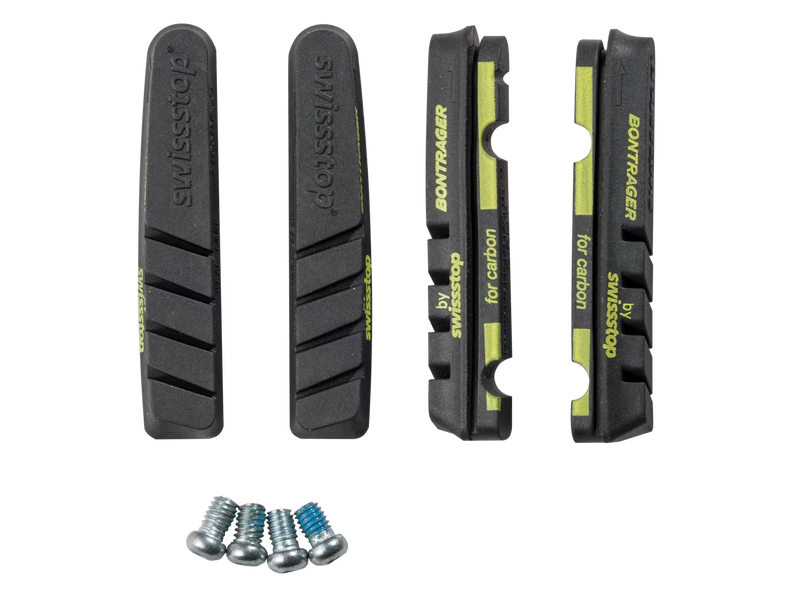 Set of Bontrager bicycle brake pads with screws on a white background