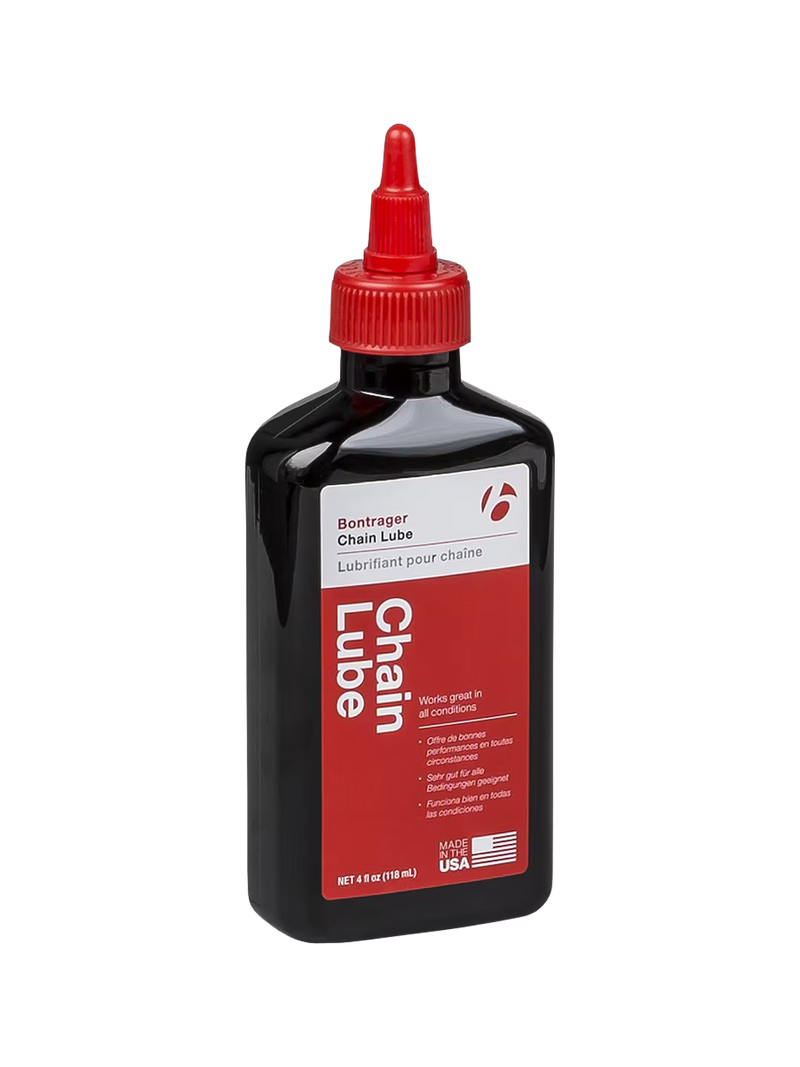Bottle of Bontrager Chain Lube on a white background