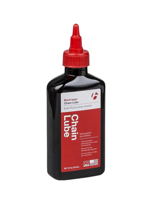 Bottle of Bontrager Chain Lube on a white background