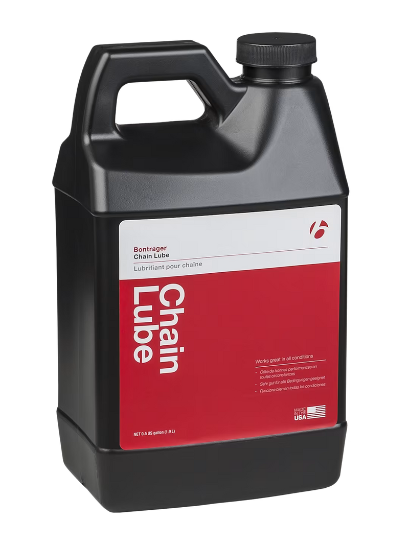 A 1-gallon black plastic jug of Bontraper Chain Lube with a red and white label, shown on a clean white background.
